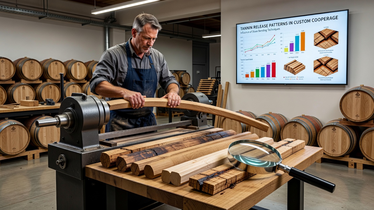 Cross-section view of bent oak staves illustrating tannin distribution layers after different bending processes