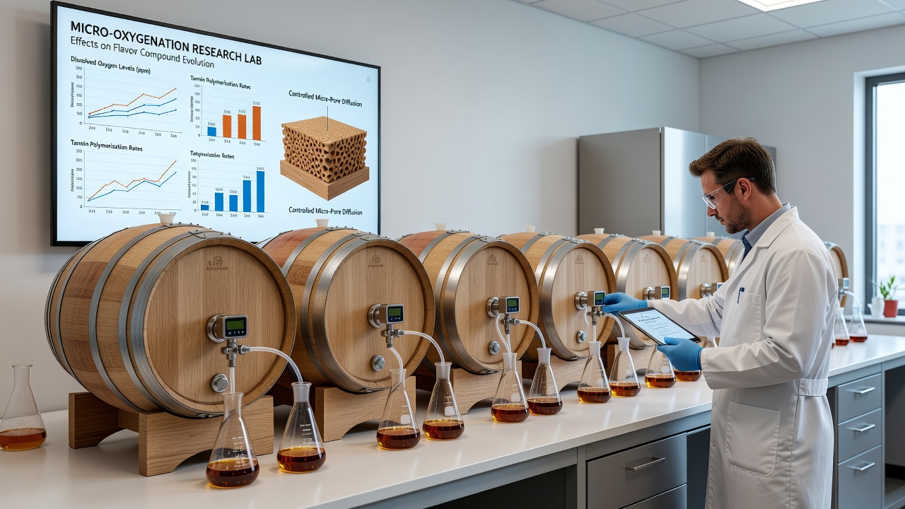 Laboratory setup measuring oxygen permeation rates through wooden staves during product aging trials